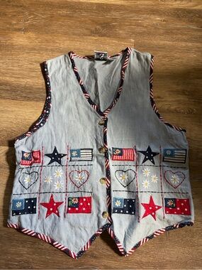 Vintage Patriotic Embroidered Vest - Red, White & Blue